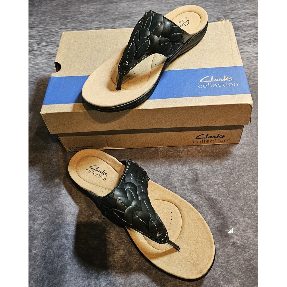 Clarks Collection Laurieann Palm Black Leather Thong Wedge Sandal 10W 1-01750